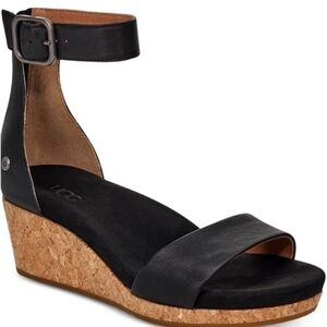 UGG Black Leather Zoe II Cork Wedge Ankle Strap Sandals Womens 8
